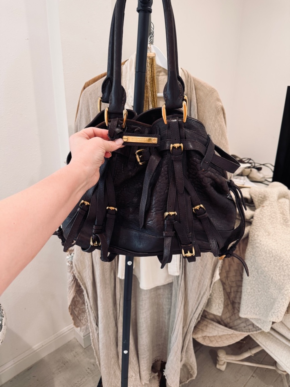 Burberry Dark Brown Leather Shoulder Bag with Gold Hardware - Picture 4 of 16
